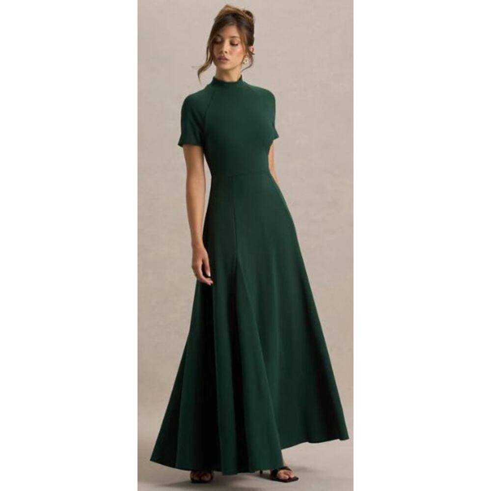 Club L London 12 Alea Dark Green Maxi Dress High Neck Scuba Crepe Gown